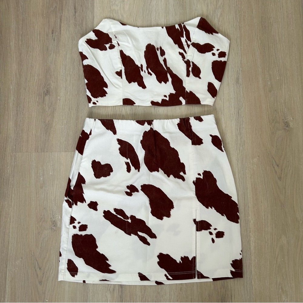 ASOS Bengaline Brown and White Cow Print Two-piece Set Top size 4 Skirt 2 (XS/S)